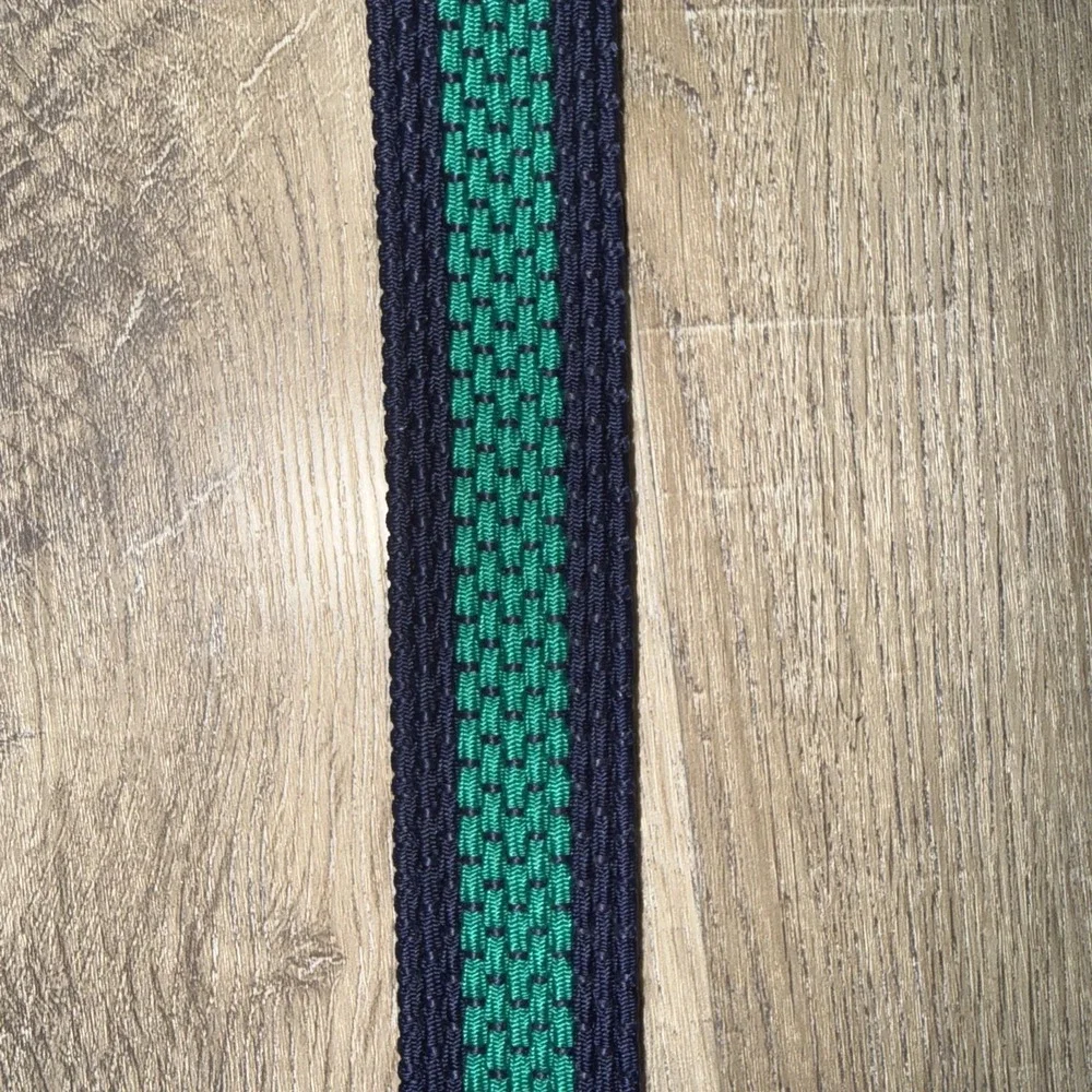Lands' End Dark Blue & Green Woven Belt Leather Buckle Preppy Size M Made USA
